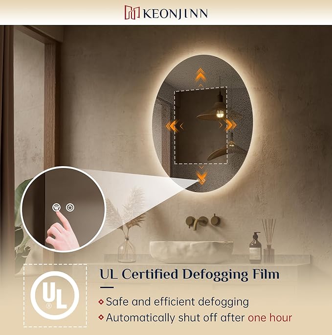 Keonjinn 22 x 30 Inch Oval LED Mirror, Frameless Backlit mirror bathroom with HD Tempered Glass, UL-Listed LED Driver, Anti-Fog, Dimmable, Memory Function, French Cleat Installation, Plug in/Hardwired