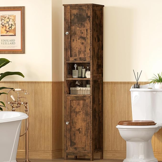 67" Tall Bathroom Cabinet with 2 Adjustable Shelves and 2 Doors, Narrow Bathroom Storage Cabinet for Small Space, Living Room, Entryway, Kitchen, Rustic Brown
