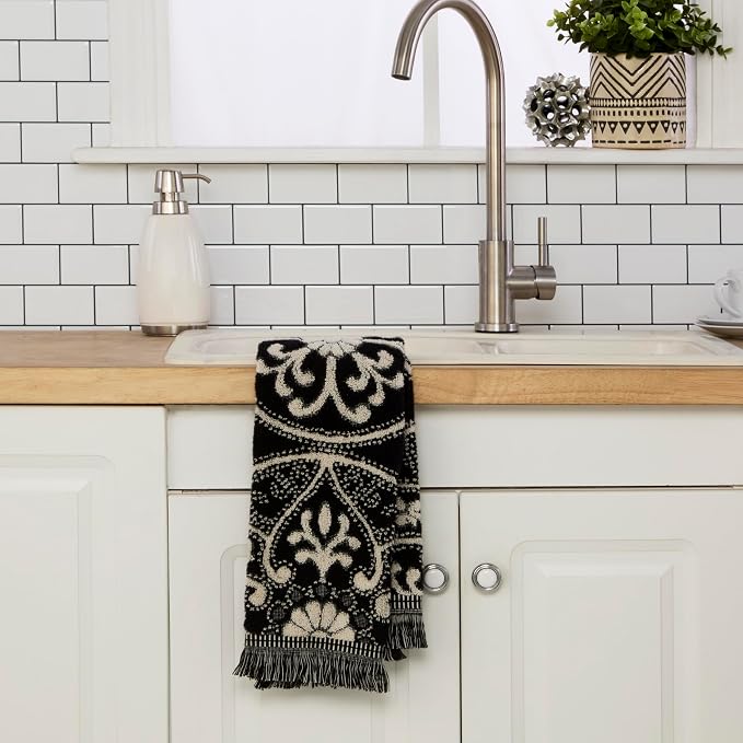 SKL Home Amherst Medallion Hand Towel Set-2pc, Premium 100% Cotton, Black | 600 GSM. Spa-level quality. Soft & absorbent, reversible jacquard. For the bathroom, kitchen, bar or any sink space.