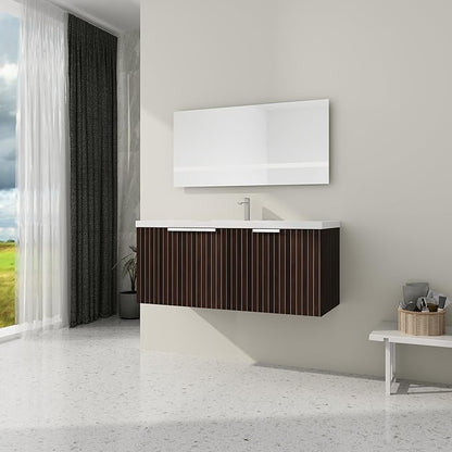 SSLine Wall Mounted Bathroom Vanity with Sink Combo Modern 48-Inch Single Bathroom Vanity Set with Top Basin &Storage Cabinet Wood Hanging Bath Cabinet w/Resin Sink(Dark Brown Stripe)