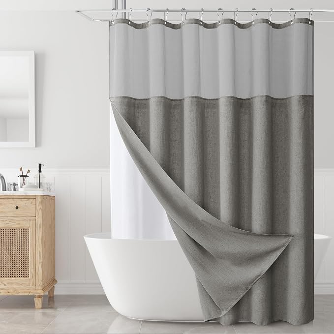 Linen Shower Curtain 78 Inches for Bathroom Grey Double Layer | Curtains with Hook, Snap in Liner, Water Repellent, Boho Farmhouse, Neutral Bath Decor, 1 Panel, 72x78