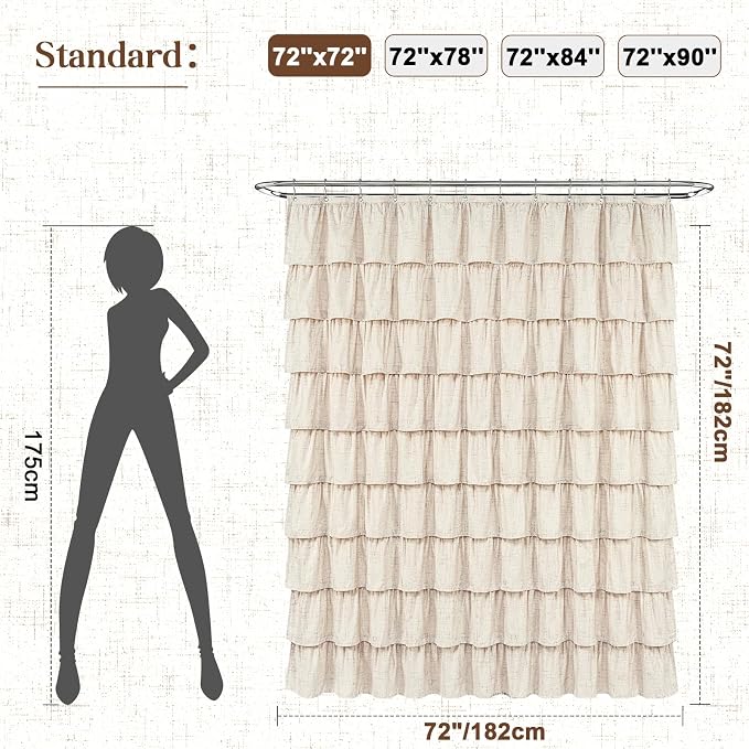 Farmhouse Shower Curtains for Bathroom, Ruffle Shower Curtain, 72"Wx72"L | Ruffle Design, Vintage Rustic Boho, Washable Waterproof Shower Curtain for Bathroom Bathtub, 12 Metal Hooks