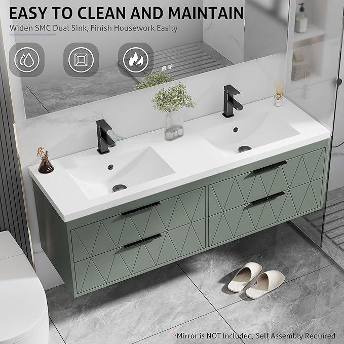 eclife 60" Bathroom Vanities Cabinet with Sink Combo, Wall Mounted Floating Cabinet W/Decor Line, Soft-Close System, 4 Extra Big Drawers, Matte Black Faucet, Gray Green