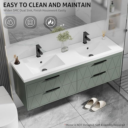 eclife 60" Bathroom Vanities Cabinet with Sink Combo, Wall Mounted Floating Cabinet W/Decor Line, Soft-Close System, 4 Extra Big Drawers, Matte Black Faucet, Gray Green