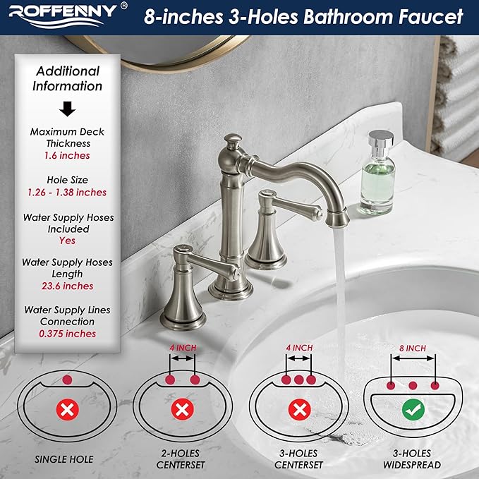 Brushed Nickel Bathroom Faucet 8 inch Widespread for 3 Holes, with 2 x 23.6 inch Water Supply Lines and Plastic Pop-Up Drain, Classic 2-Handle Bathroom Vanity Sink Faucet, 360° Swivel Spout