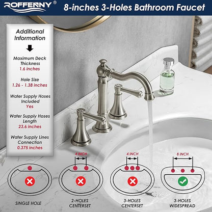 Brushed Nickel Bathroom Faucet 8 inch Widespread for 3 Holes, with 2 x 23.6 inch Water Supply Lines and Plastic Pop-Up Drain, Classic 2-Handle Bathroom Vanity Sink Faucet, 360° Swivel Spout