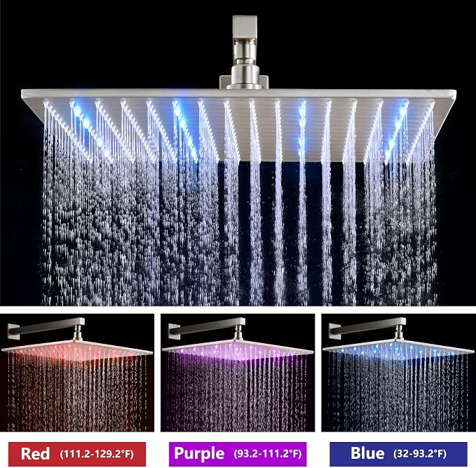 Aolemi Shower Faucet Set with Valve Handheld 16" LED Head Brushed Nickel | Handheld Spray,16 Inch Rain LED Head,Valve and Trim Kit,All Metal,Wall Mount Shower System,Bathroom Mixer