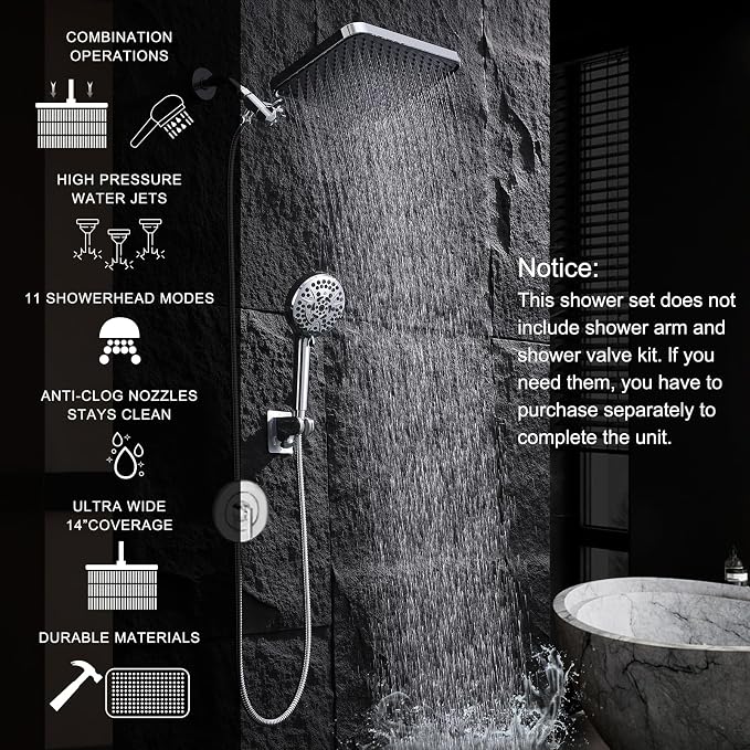 14 Inch Rainfall Shower Head with Handheld Sprayer Combo, High Pressure 10 Spray Settings Dual Shower Head System, Anti-Clog Nozzles Easy Install for Low Water Pressure Bathroom