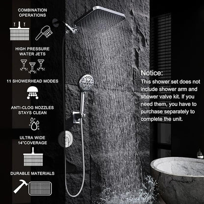 14 Inch Rainfall Shower Head with Handheld Sprayer Combo, High Pressure 10 Spray Settings Dual Shower Head System, Anti-Clog Nozzles Easy Install for Low Water Pressure Bathroom