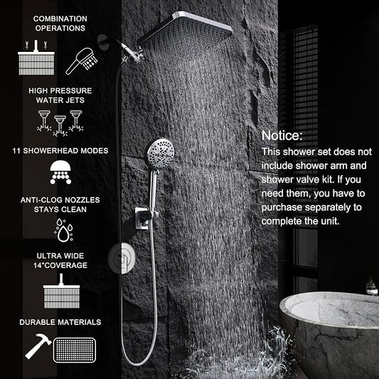 14 Inch Rainfall Shower Head with Handheld Sprayer Combo, High Pressure 10 Spray Settings Dual Shower Head System, Anti-Clog Nozzles Easy Install for Low Water Pressure Bathroom