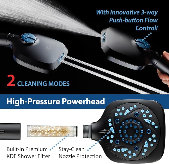 AquaCare High Pressure 10 Spray Mode Filtered Showerhead - Handheld Shower Head Filters Chlorine to Heal Dry Skin, Revive Hair - Dual Power Wash Cleans Tub, Tile, Pets - Hard Water Softener, Black