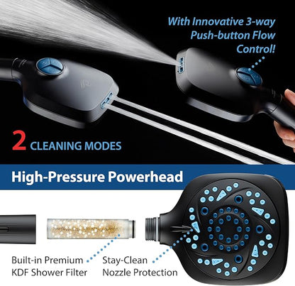 AquaCare High Pressure 10 Spray Mode Filtered Showerhead - Handheld Shower Head Filters Chlorine to Heal Dry Skin, Revive Hair - Dual Power Wash Cleans Tub, Tile, Pets - Hard Water Softener, Black