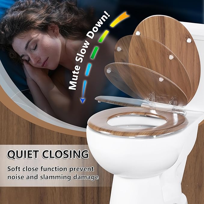Round Toilet Seat Molded Wood Toilet Seat with Quietly Close and Quick Release Hinges, Easy to Install also Easy to Clean by Angol Shiold (Round, Natural)