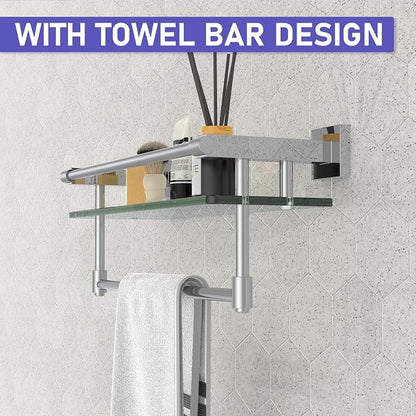 Glass Shelf for Bathroom 16 in Bathroom Shelves with Towel Bar Tempered Glass Shelves with Stainless Steel Towel Holder for Wall (Chrome Polished)
