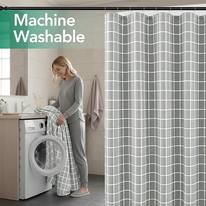 Fabric Farmhouse Shower Curtain-Extra Long Cloth Shower Curtains Bathroom | 72"Wx84"L Silver Grey Faux Linen Grid Minimalist Simple Rustic Neutral Shower Curtain-Geometric Plaid Washable Hotel Quality
