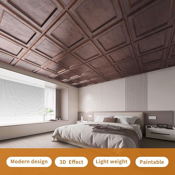 WOWSTAR 12-Pack 24"x24" Drop Ceiling Tiles, Waterproof Glue up Ceiling Panels, Modern Style 3D Wall Panels, Antique Copper | PVC ceiling panels, 24"x24", waterproof, glue-up install, basement kitchen bathroom, 12-pack, set C
