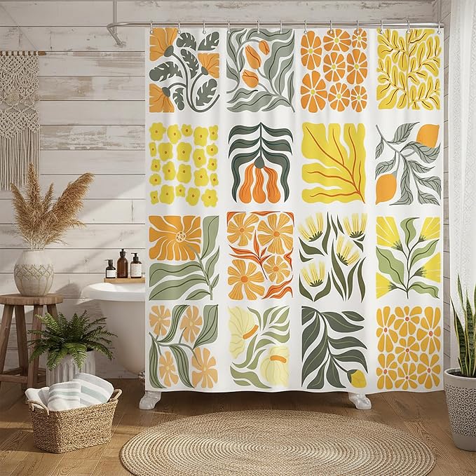 JAWO Cute Boho Floral Shower Curtain, Vintage Yellow Abstract Floral Retro Aesthetic Plant Shower Curtain for Bathroom, Funky Unique Waterproof Fabric Polyester Bath Curtains Decor with Hooks,60Wx70H