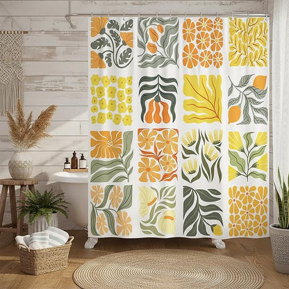 JAWO Cute Boho Floral Shower Curtain, Vintage Yellow Abstract Floral Retro Aesthetic Plant Shower Curtain for Bathroom, Funky Unique Waterproof Fabric Polyester Bath Curtains Decor with Hooks,48Wx70H