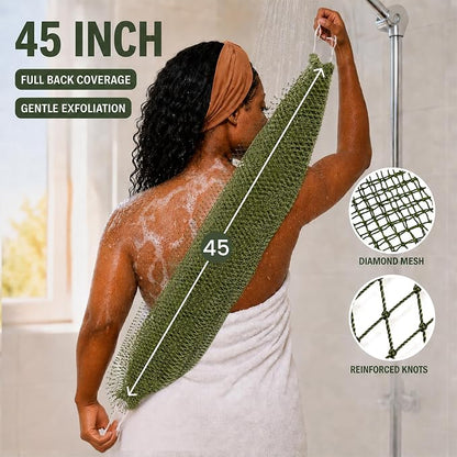 Authentic African Net Sponge, 2 Pack 45-Inch Exfoliating Bath Sponge and Shower Loofah for Body and Back, Quick-Dry Durable Knotted Mesh Scrubber (Olive Green & Light Green)