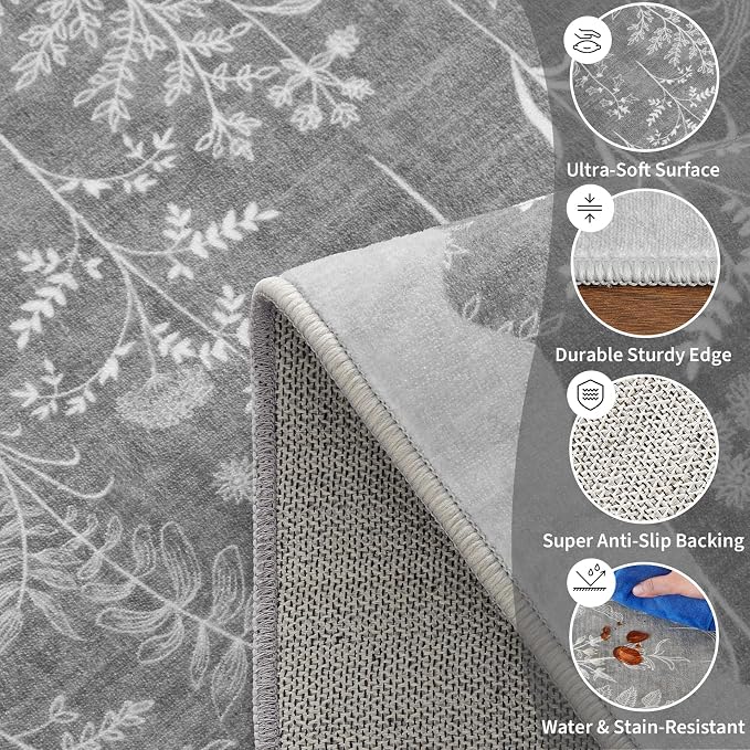 GarveeHome Washable 2x6 Runner Rugs for Bathroom Floral Kitchen Rug Neutral Scalloped Carpet, Non-Slip Hallway Rug Stain Resistant Modern Low-Pile Carpet for ‎Laundry Bedside Entryway(2x6 ft,Grey)