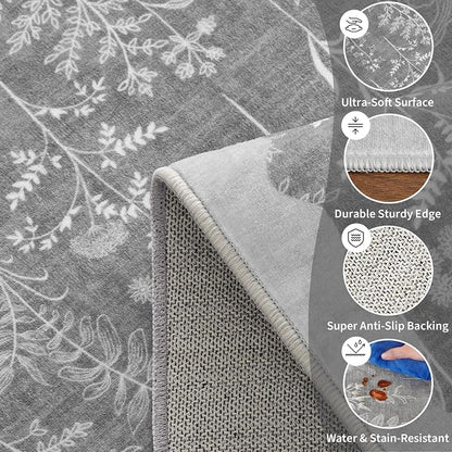 GarveeHome Washable 2x6 Runner Rugs for Bathroom Floral Kitchen Rug Neutral Scalloped Carpet, Non-Slip Hallway Rug Stain Resistant Modern Low-Pile Carpet for ‎Laundry Bedside Entryway(2x6 ft,Grey)