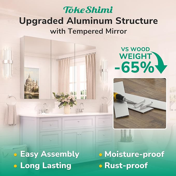 48x32 Mirror with Stepless Adjustable Storage, Aluminum Tempered Bathroom Mirror Medicine Cabinet Silver, Frameless Farmhouse Medicine Cabinet for Recessed or Surface Mount Modern