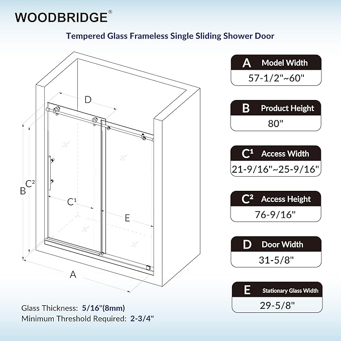 Woodbridge 57.5-60" W x 80" H Frameless Single Sliding Soft-Close Shower Door with Tempered Glass & Explosion Proof Film in Brushed Nickel Finish