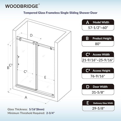 Woodbridge 57.5-60" W x 80" H Frameless Single Sliding Soft-Close Shower Door with Tempered Glass & Explosion Proof Film in Matte Black Finish