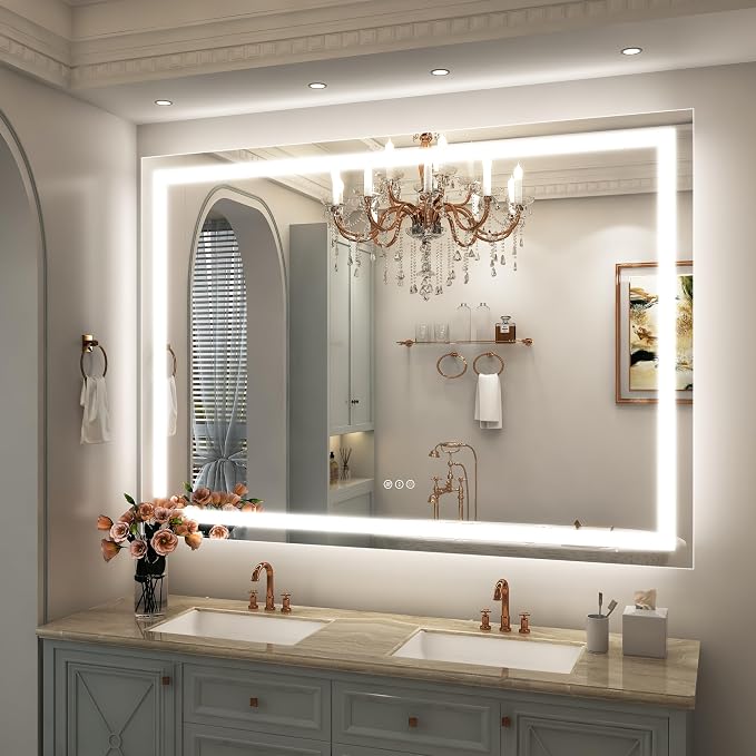 55x40 LED Lighted Bathroom Mirror for Vanity Wall | Front Light and Backlit, Anti-Fog, Memory, 3 Color, Tempered Glass, Dimmable, Rectangular, UL, Horizontal/ Vertical Mounted