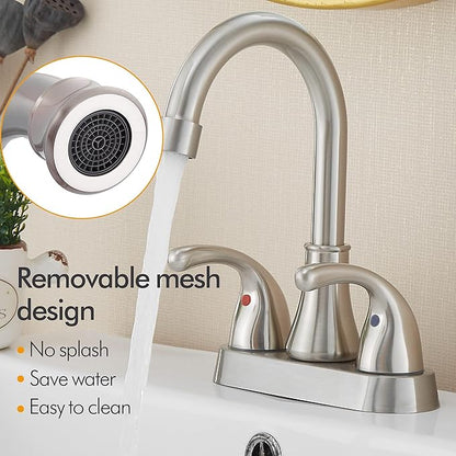 Brushed Nickel Bathroom Sink Faucet 4 Inch Faucet 2 Handle with Pop-up Drain Stopper and Supply Hoses(Set of 2)