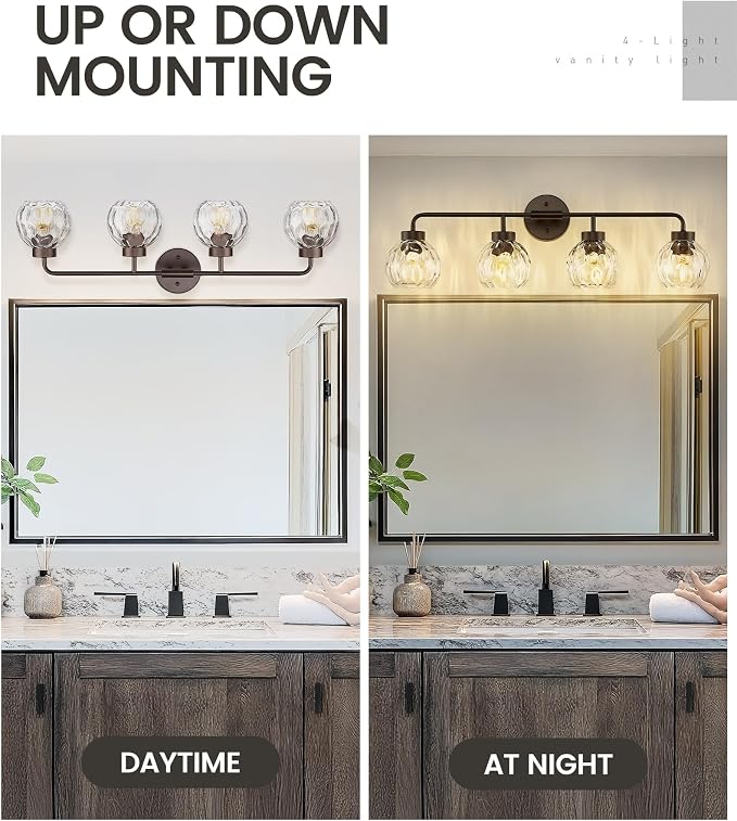 zeyu 4-Light Bathroom Vanity Light, 32 Inch Vintage Vanity Lighting Fixtures, Bathroom Lighting Fixtures with Water Ripple Globe Glass, ZS62BG-4W ORB-WG