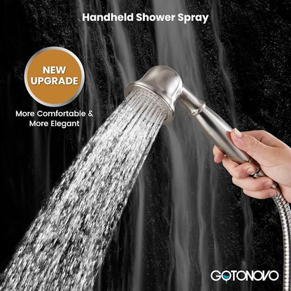 gotonovo Exposed Shower Faucet with Spout Brushed Nickel,Curved Pipe | Brass Bathroom Exposed Shower System,8’’ Rain Head,Swivel Tub Spout 2 Cross Handle,Adjustable Handheld Sprayer,Wall Mount