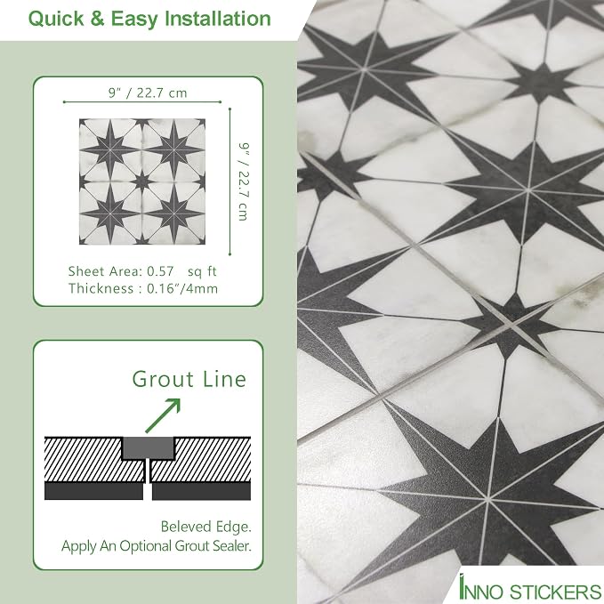 INNO STCIEKRS 16-Sheet Peel and Stick Floor and Wall Tile for Bathroom Kitchen, 9" x 9" Patterned Star SPC Self-Adhesive Vinyl Flooring Encaustic Groutable Backsplash Tile, Covers 9.12 Sq. Ft.