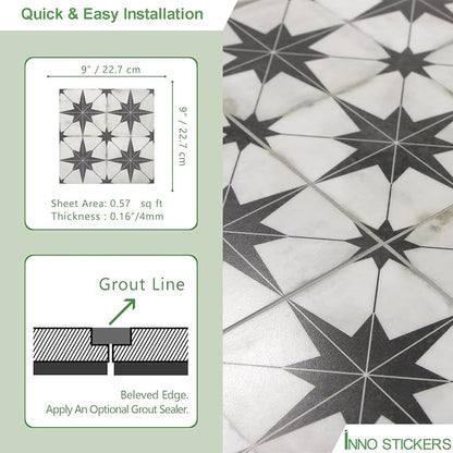 INNO STCIEKRS 16-Sheet Peel and Stick Floor and Wall Tile for Bathroom Kitchen, 9" x 9" Patterned Star SPC Self-Adhesive Vinyl Flooring Encaustic Groutable Backsplash Tile, Covers 9.12 Sq. Ft.