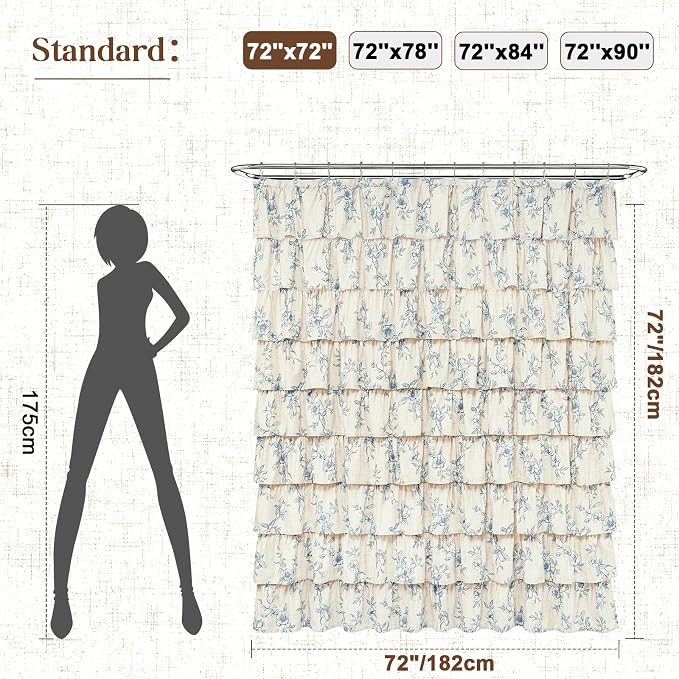 Yinhua Farmhouse Ruffle Shower Curtains with Blue Floral, 72" Wx72 L | French Country Vintage Rustic Washable Waterproof Shower Curtain for Bathroom Bathtub, 12 Metal Hooks