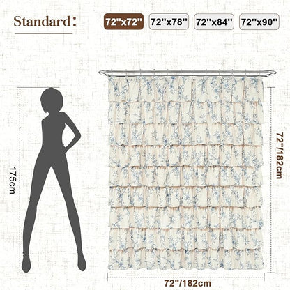 Yinhua Farmhouse Ruffle Shower Curtains with Blue Floral, 72" Wx72 L | French Country Vintage Rustic Washable Waterproof Shower Curtain for Bathroom Bathtub, 12 Metal Hooks