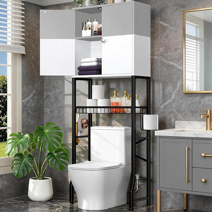 Over-The-Toilet Storage Rack, 4-Tier Bathroom Organizer Shelf Over Toilet with Barn Doors Cabinet and Basket, Freestanding Space Saver Bathroom Shelves with Paper Holder Above Toilet (Gray & White)