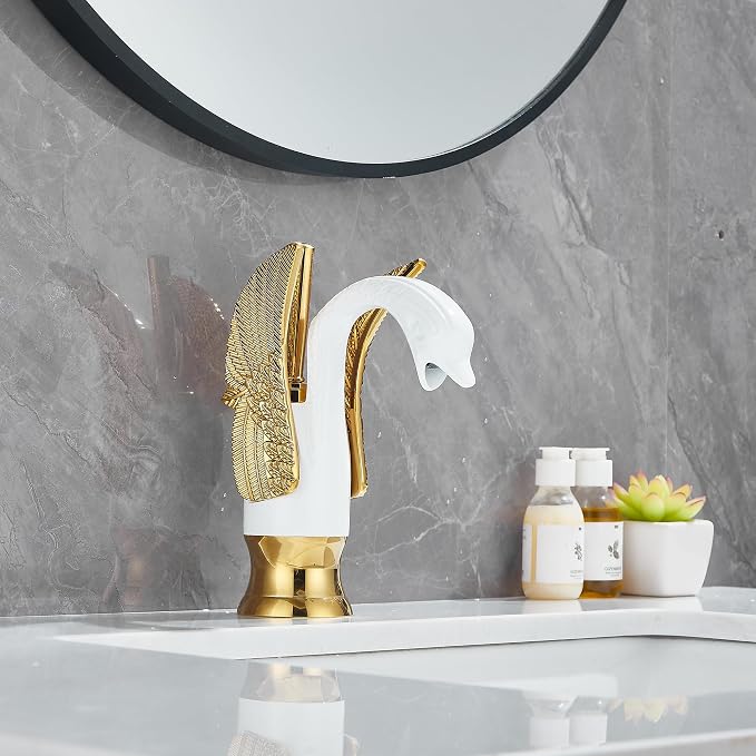 Bathroom Faucet White Mixed Gold Swan Single Handle 1 Hole Bathroom Vanity Faucet Basin Tap Deck Mount Lavatory