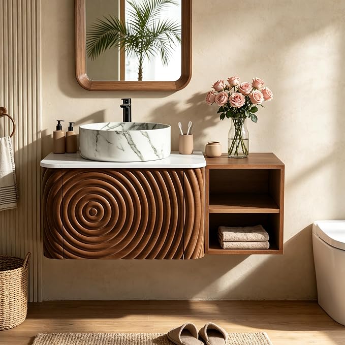 36" Floating Bathroom Vanity with Sink, Mid-Century Wall Mounted Bathroom Vanity Cabinet with Wood Waved Decor,Marble Ceramic Basin and Sintered Stone Top, Soft Close Drawer, Side Open Cube