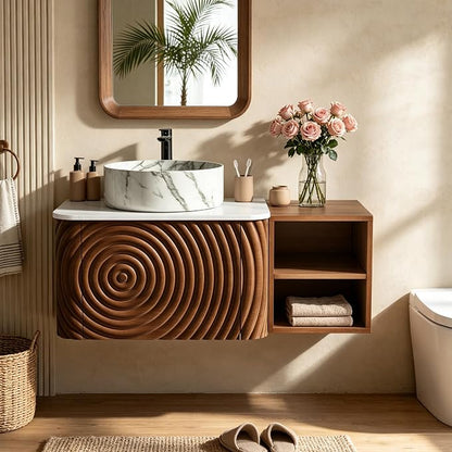 36" Floating Bathroom Vanity with Sink, Mid-Century Wall Mounted Bathroom Vanity Cabinet with Wood Waved Decor,Marble Ceramic Basin and Sintered Stone Top, Soft Close Drawer, Side Open Cube