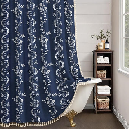 Vintage Boho Blue Shower Curtain, Floral Linen Patterned Shower Curtains for Bathroom with Tassels, 72 x 72