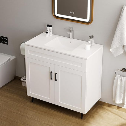 36 Inch Bathroom Vanity with Sink, Modern Wooden Freestanding Bathroom Storage Cabinet with 2 Doors and 1 Drawer, Metal Legs, Painted Surface, White