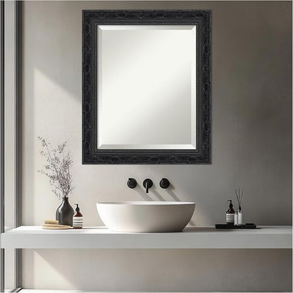 Amanti Art Black Bathroom Mirror for Over Sink, 24x20 Filigree Gloss Black Rectangle Vanity Mirror, Small Traditional Frame, Hangs Horizonally and Vertically, Bathroom Wall Decor, Beveled Edge