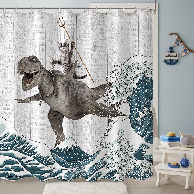 Fungarth Funny Cat Shower Curtain Dinosaur Ocean Sea Wave Shower Curtains for Bathroom Cool Waterproof Fabric Rustic Wooden Farmhouse Bath Curtain Decor with Hooks (Gray1, 72” x 72”)