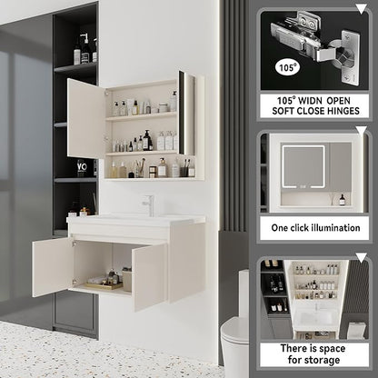 32'' Bathroom Vanity with Ceramic Sink Combo and Medicine Cabinet Mirror with Led Light/Defog, Wall Mounted Small Bathroom Vanity with Soft-Close Door Modern Floating Cabinet, Khaki(No Faucet)