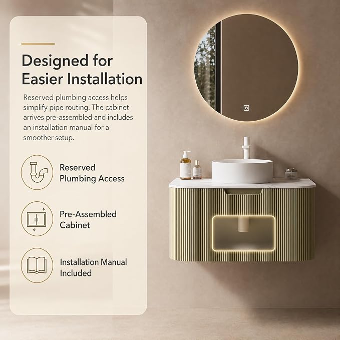 30 Inch Bathroom Vanity with Sink, Floating Wall Mounted Single Sink Vanity, Sage Green Curved Fluted Front, Stone Top, Pure White Round Vessel Basin, Pre-Assembled