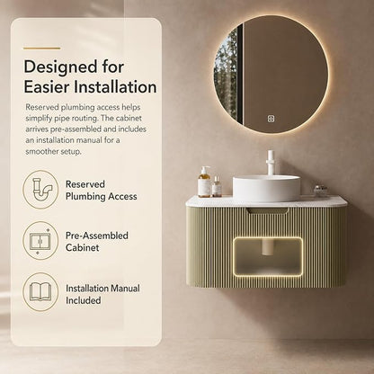 30 Inch Bathroom Vanity with Sink, Floating Wall Mounted Single Sink Vanity, Sage Green Curved Fluted Front, Stone Top, Pure White Round Vessel Basin, Pre-Assembled