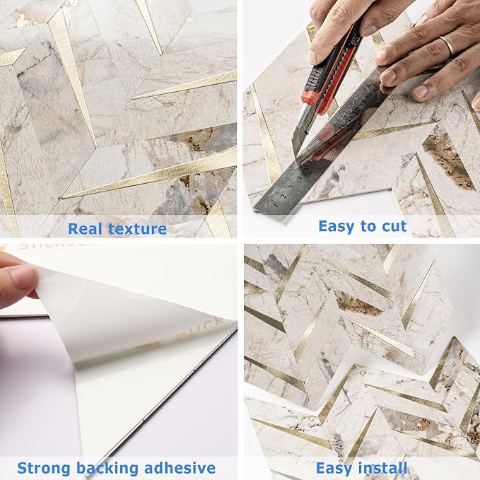 STICKGOO Herringbone Tile Peel and Stick Backsplash for Kitchen&Bathroom | 10-Sheet Self Adhesive Wall Tiles, Polished Pandora Marble Mixed Metal Gold PVC Stick on Backsplash Tile for Kitchen
