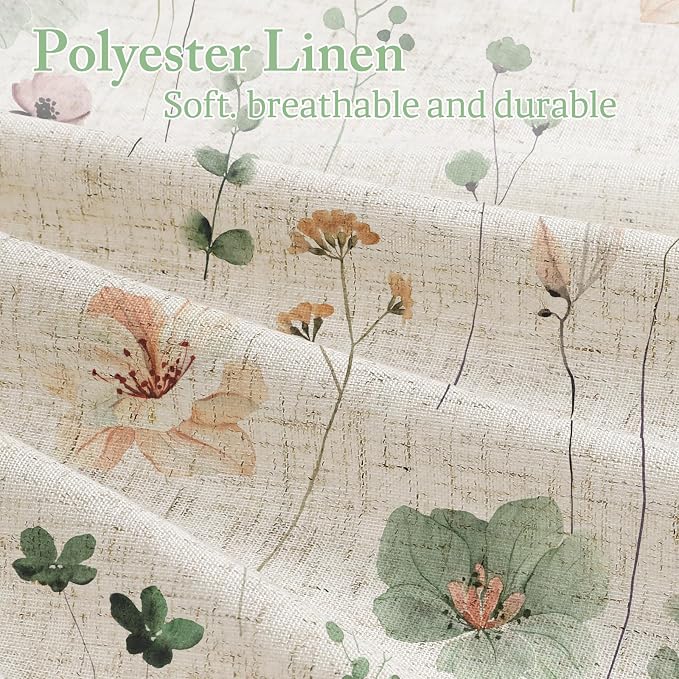 Sage Green Linen Watercolor Floral Fabric Shower Curtain, 72x78 | Linen Fabric, Modern Minimalist Floral Print, Machine Washable, Rustproof Grommets, for Bathroom Home