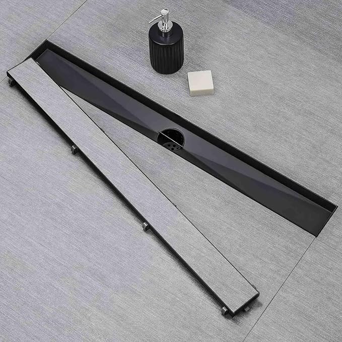 SaniteModar Linear Shower Drain 54 inch Matte Black with Tile Insert Panel | AISI 304 Stainless Steel Black Linear Dain Rectangle Shower Floor Drain with Hair Strainer and Leveling Feet